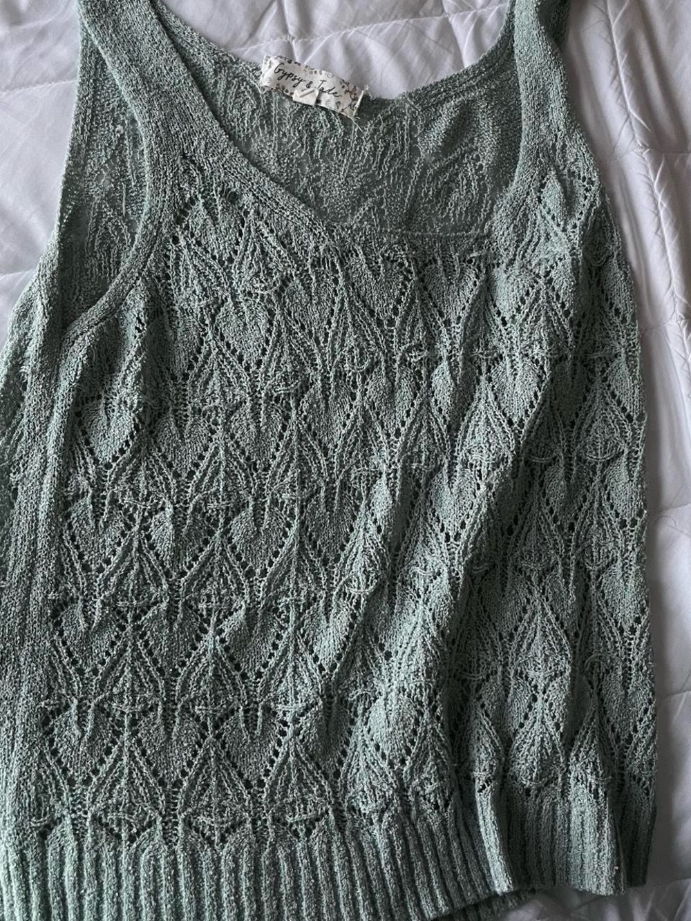 Openwork Knit Tank Top in Sage Green